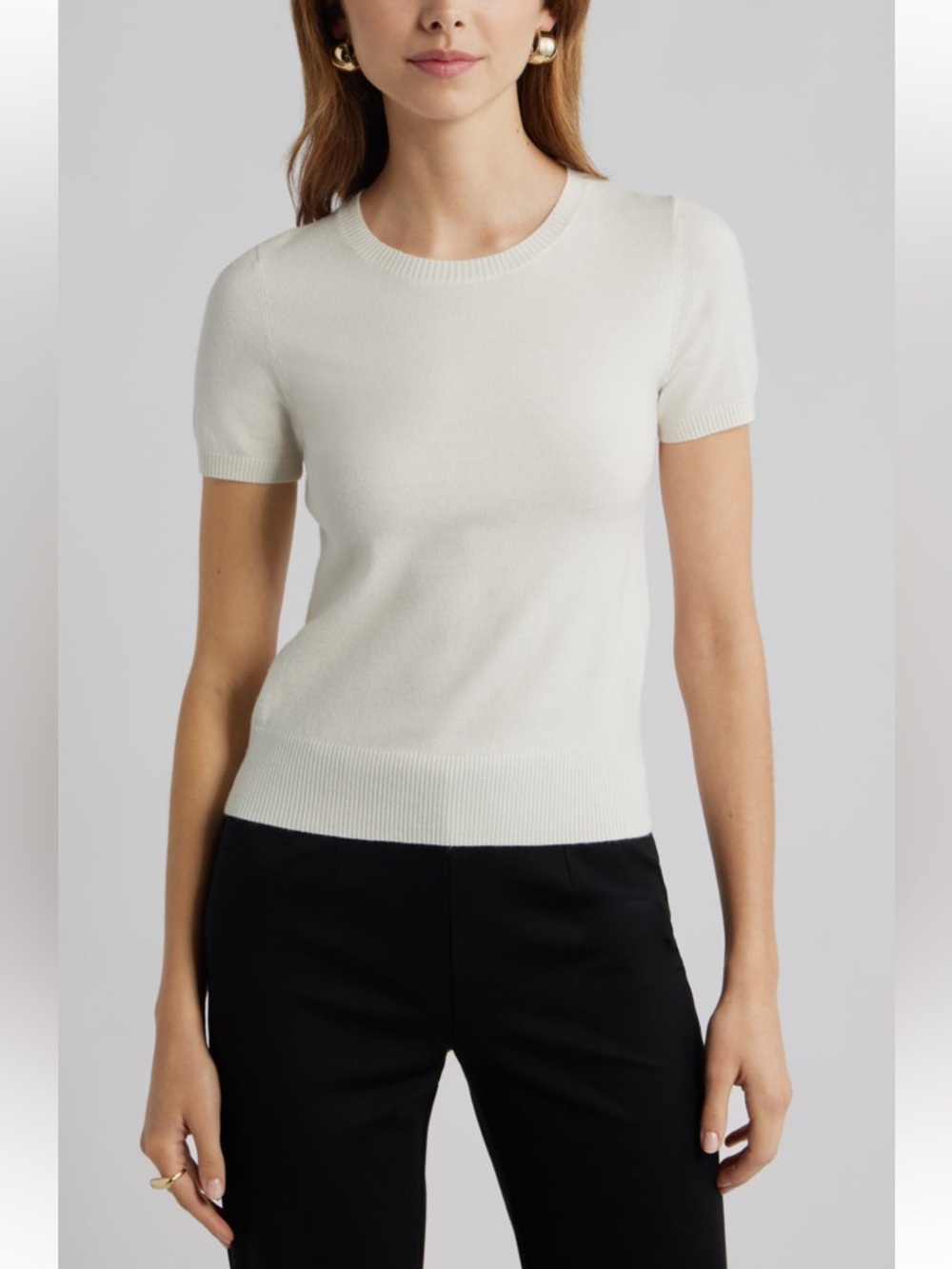 Open Edit Fitted Short Sleeve Sweater XS Ivory Knit Top NWT